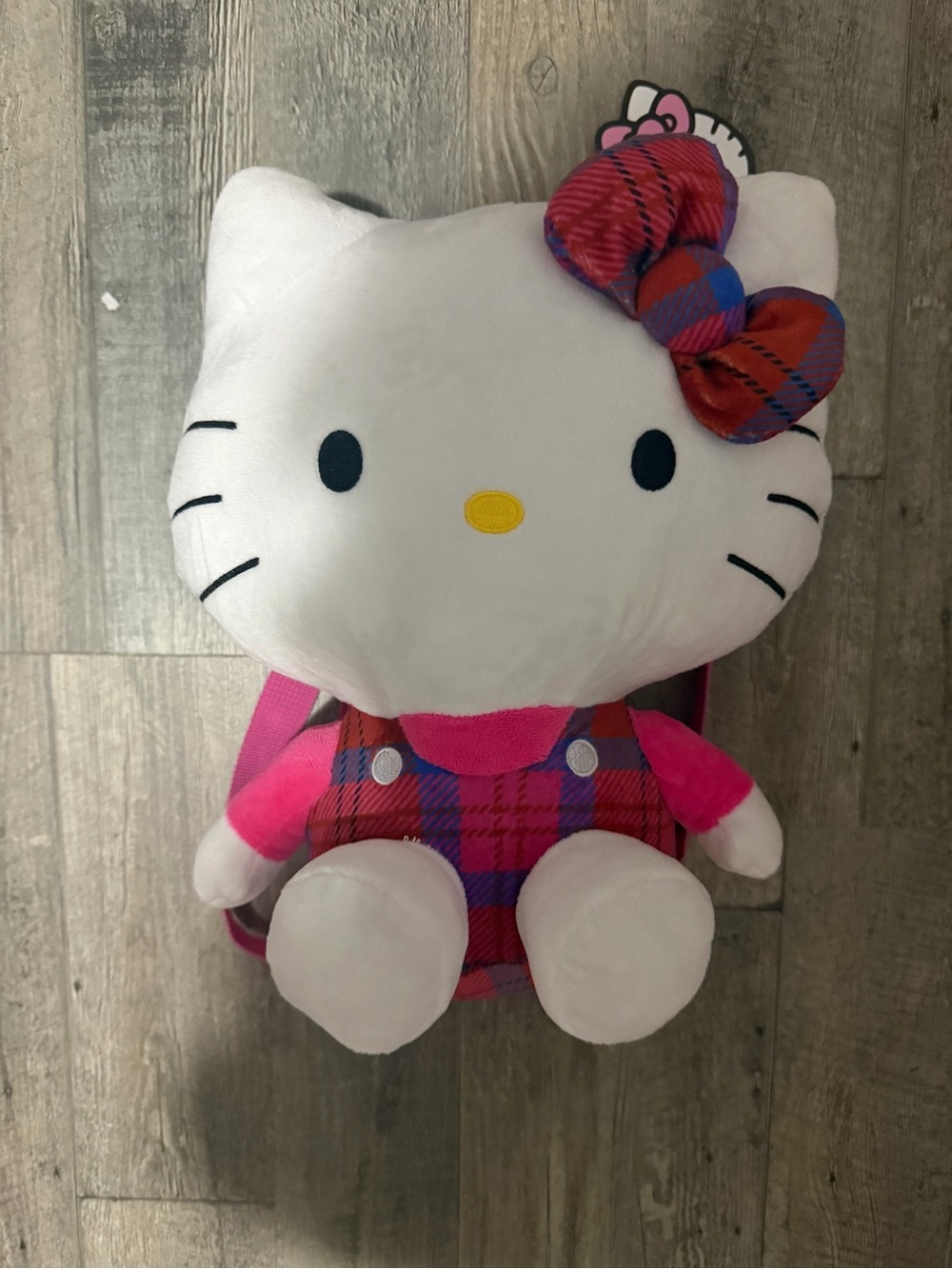 Hello Kitty Plush Backpack in White, Pink & Red Plaid
